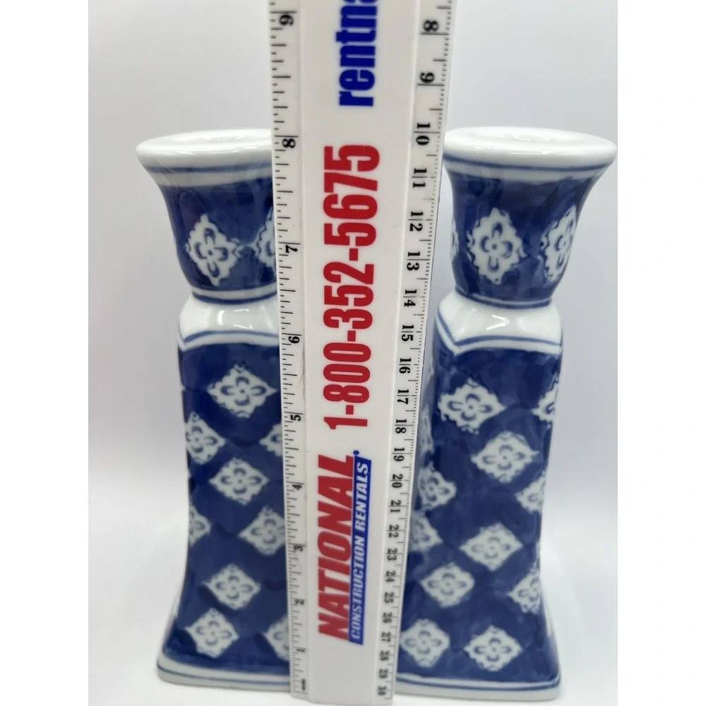 Pair Ceramic Silvestri Cobalt Blue White Taper Candle Holders 8